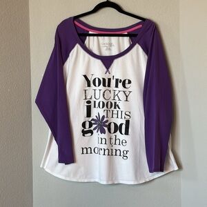 Lane Bryant Cacique Cotton Sleep Graphic Tee Pajama Top 22/24 Purple White